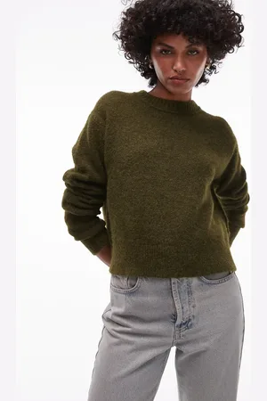 Topshop Knitted crew with exposed seams sweater in khaki