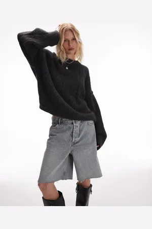 Topshop Knitted fluffy rib oversized crew sweater in charcoal