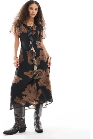 Reclaimed Midi dress with tie front and ruffles in floral print