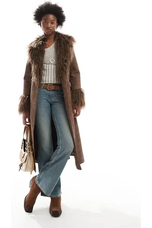 Reclaimed Longline leather look trench coat with detachable faux fur collar