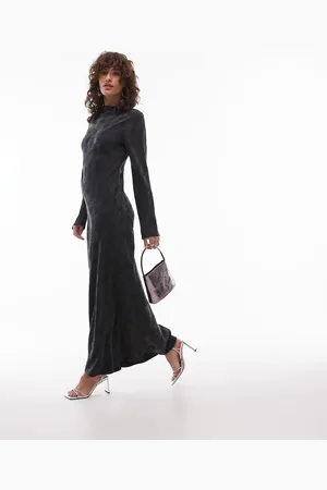 Topshop Long sleeve slash neck midi dress in charcoal jacquard lyocell