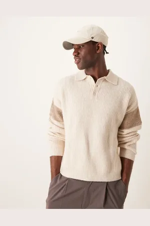 ASOS Relaxed boxy fit ribbed polo sweater in ecru with stone sleeve panel