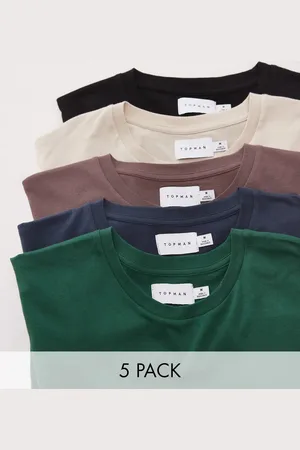 Topman 5 pack regular t-shirt in black, stone, brown, navy and sporty green