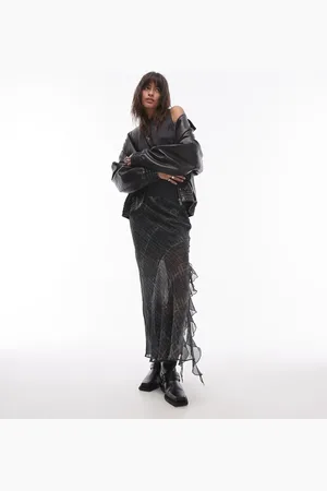 Topshop Sheer panel bias maxi skirt with ruffle in grungy check