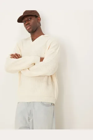 ASOS Oversized ribbed knit sweater with notch neck in ecru