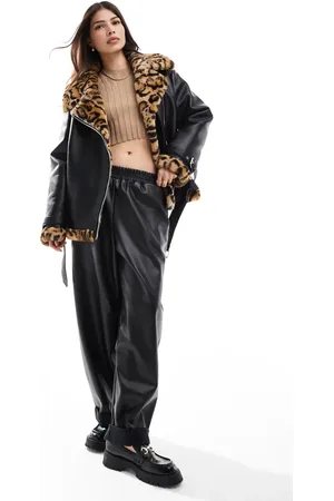 Miss Selfridge Faux leather aviator coat with leopard contrast faux fur