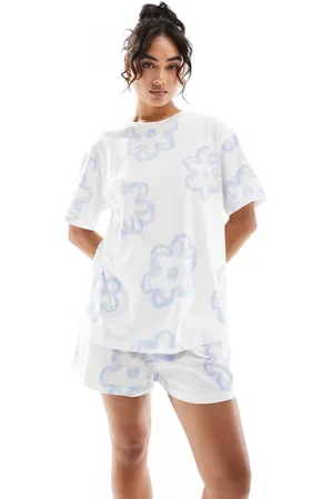 ASOS Flower oversized tee & shorts pajama set in cream