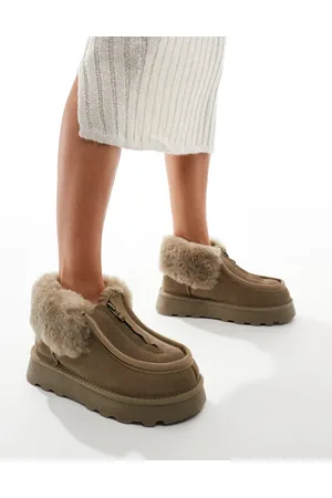 South Beach Real Sheepskin Zip Up Ankle Boot in Olive