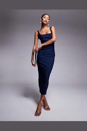 Vesper Bengaline square neck midaxi dress in