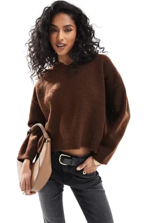 ASOS ASOS DEISGN fluffy knit v neck sweater in chocolate