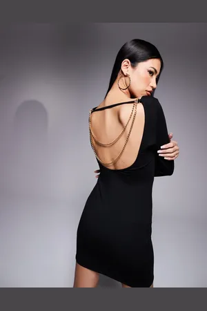 ASOS Long sleeve ruched bust mini dress with gold chain trim back in