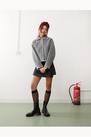 Monki Short wool look jacket in melange with contrast stitching