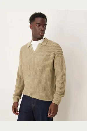 ASOS Relaxed textured notch neck polo sweater in sage