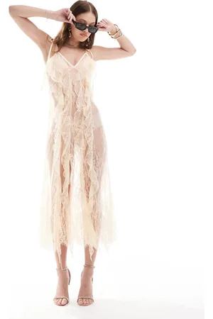 Miss Selfridge Sheer lace ruffle cami maxi dress in cream