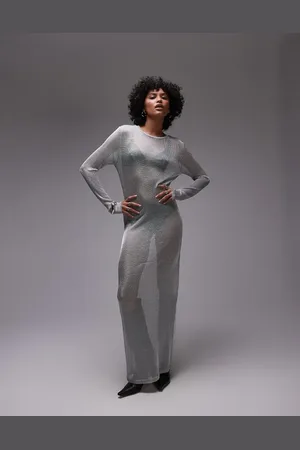 Topshop Sheer metallic long sleeve dress in