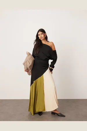 ASOS Off-shoulder maxi dress with pleat detail in color block