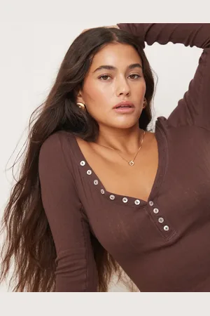Free People Coffee chat long sleeve henley top in chocolate