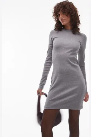 Topshop Long sleeve crew neck mini dress in heather