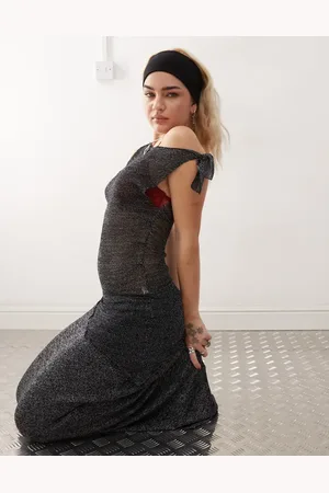 COLLUSION Shimmer knit asymmetric top in charcoal