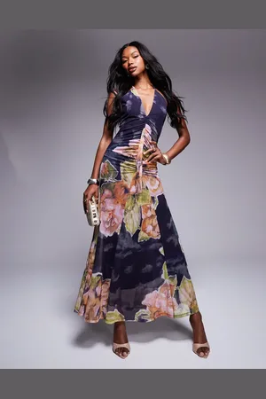 ASOS Mesh plunge front maxi dress with flare detail and sweeping hem in floral print