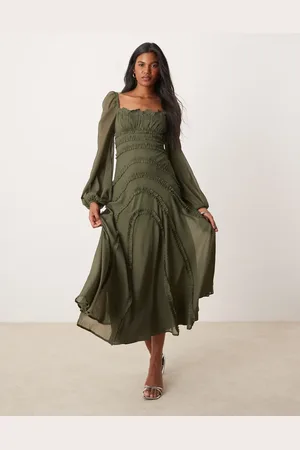 ASOS Chiffon long sleeve midi dress with frill details in olive