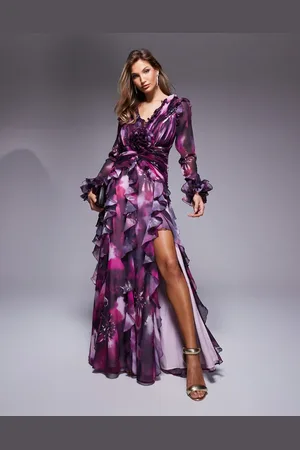 ASOS Organza long sleeve exaggerated ruffle maxi dress in dark floral