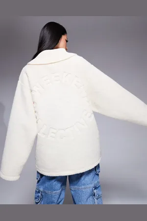 ASOS Weekend Collective ribbed neck zip up borg with embossed back in cream
