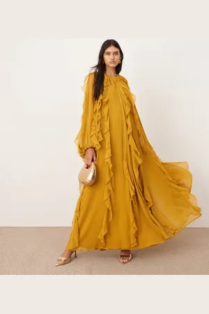 ASOS Chiffon raw edge ruffle maxi dress with balloon sleeve in mustard