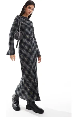 ASOS Long sleeve maxi dress with cowl neck in navy plaid