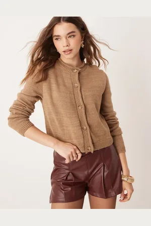 ASOS Crew neck cardigan with rolled edge detail in taupe