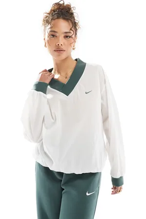 Nike Essential woven v-neck sweatshirt in off and green