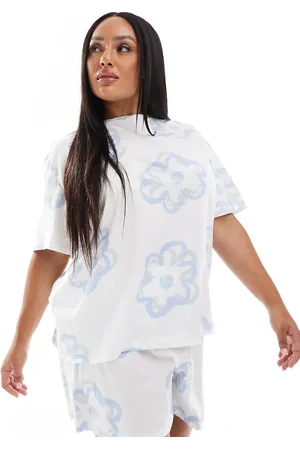 ASOS ASOS DESIGN Curve flower oversized tee & shorts pajama set in cream