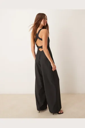 ASOS Structured square neck jumpsuit with cross back detail in charcoal