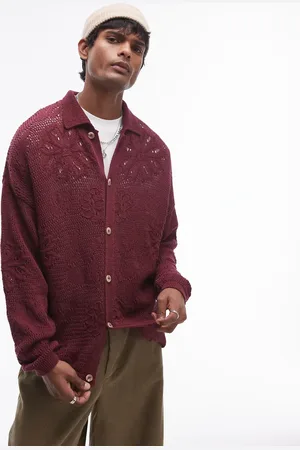 Topman Floral jacquard cardigan in burgundy