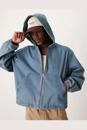 ASOS Oversized cropped hooded denim jacket in mid wash