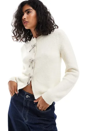 ASOS Crew neck neat fit cardigan with diamante bow buttons in cream