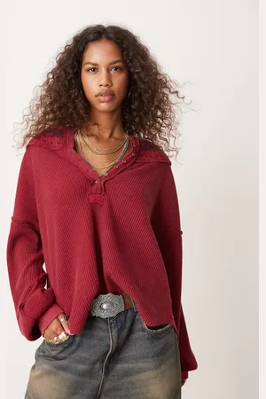 Free People Stitch detail relaxed waffle knit henley sweatshirt in