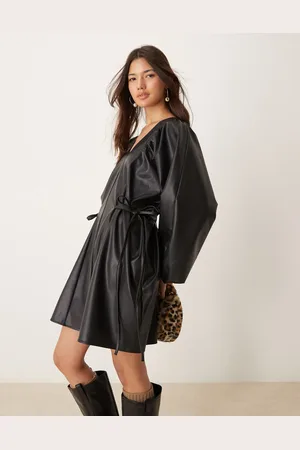 ASOS Leather look side tie volume smock dress in