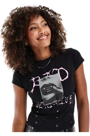ASOS Corset waist tee with pink print and studs in