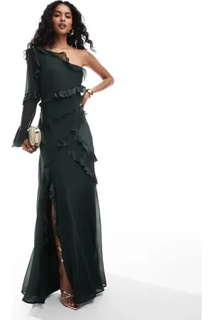 ASOS One shoulder bias cut ruffle satin chiffon mix maxi dress in forest