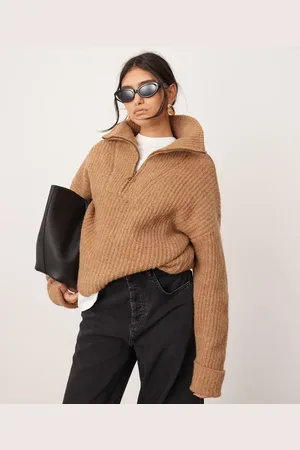 ASOS Rib knit half zip sweater in camel