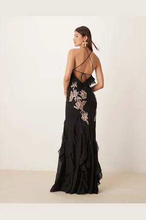 ASOS Floral embroidered halter bias maxi dress with embellishment and ruffle hem in