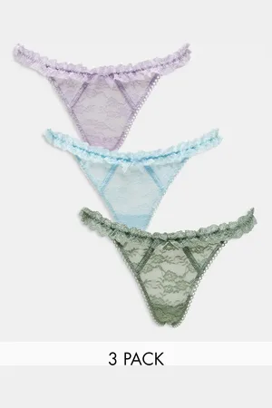 ASOS 3 pack vintage ruffle lace thong in lilac, baby blue & sage