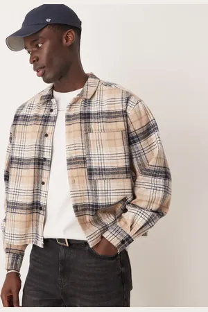 ASOS Oversized cropped flannel shirt in beige plaid