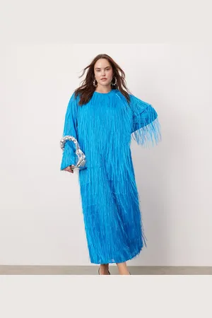 ASOS Curve fringe detail crew neck maxi dress in bright blue