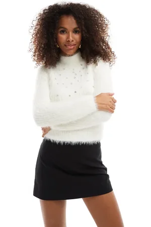 Miss Selfridge Embellished lash funnel neck long sleeve sweater in cream