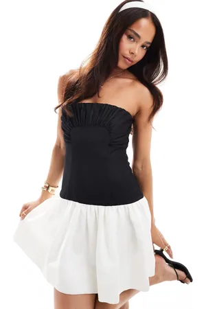 EVER NEW Ruched color block mini dress in and cream