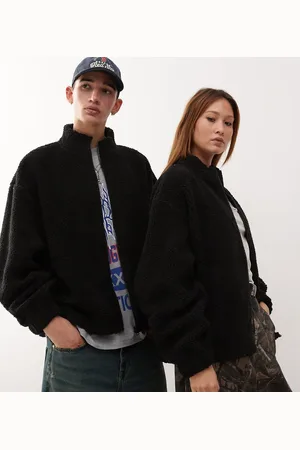 COLLUSION Unisex teddy zip up funnel neck sweatshirt top in charcoal