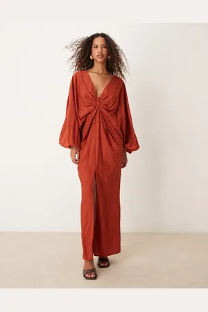 ASOS Plunge ruched bust maxi dress with blouson sleeve in rust