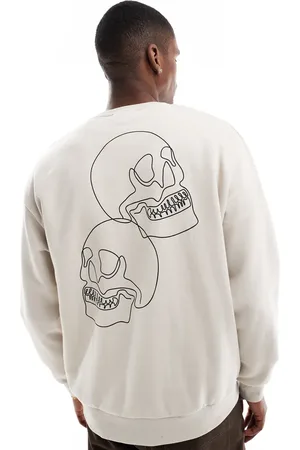 JACK & JONES Drop shoulder crew neck sweatshirt with skull back print in beige